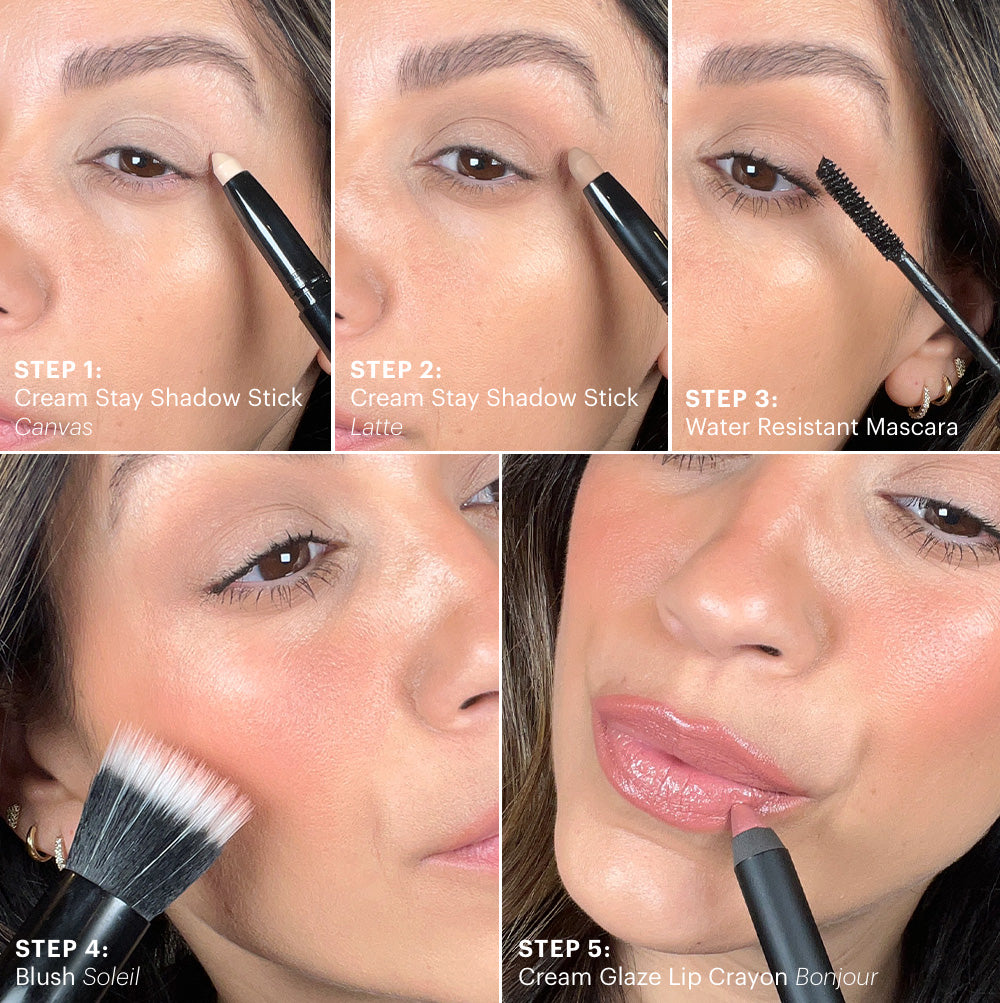 Woman applying makeup in five steps: Step 1 Cream Stay Shadow Stick Canvas, Step 2 Cream Stay Shadow Stick Latte, Step 3 Water Resistant Mascara, Step 4 Blush Soleil, Step 5 Cream Glaze Lip Crayon Bonjour
