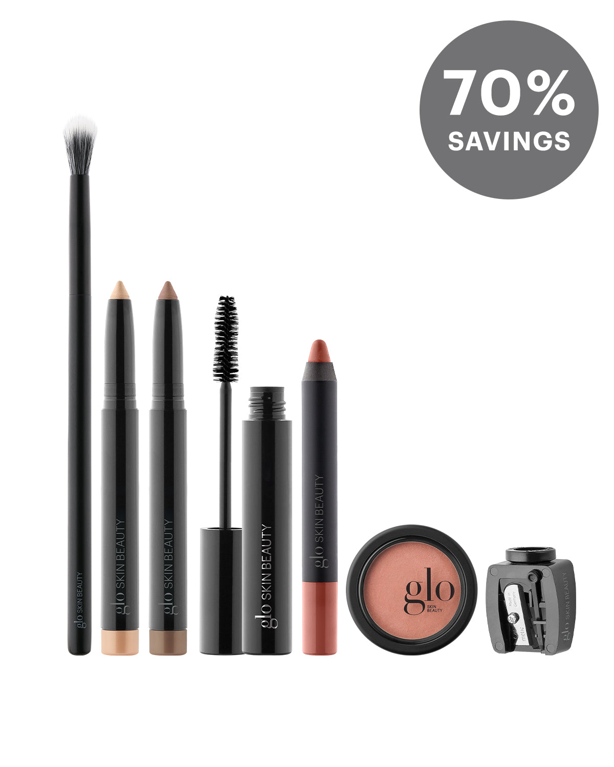 Makeup kit with brush, pencils, mascara, blush, sharpener, and '70% SAVINGS' badge, all branded glo SKIN BEAUTY